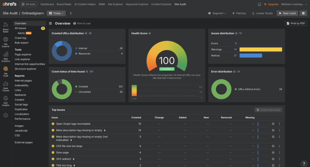 WordPress website build handover checklist proof: Ahrefs Site Audit score of 100 for OnlineDigiServ at handover