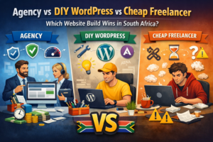 Agency vs DIY WordPress vs cheap freelancer hero image comparing three website build options in South Africa.