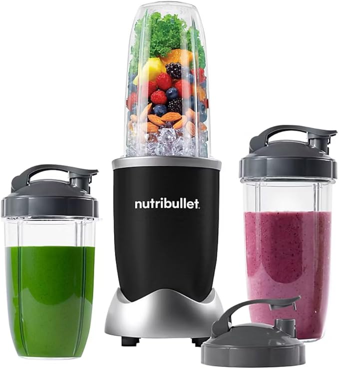NutriBullet Pro 900 review showing the matte black blender and included cups