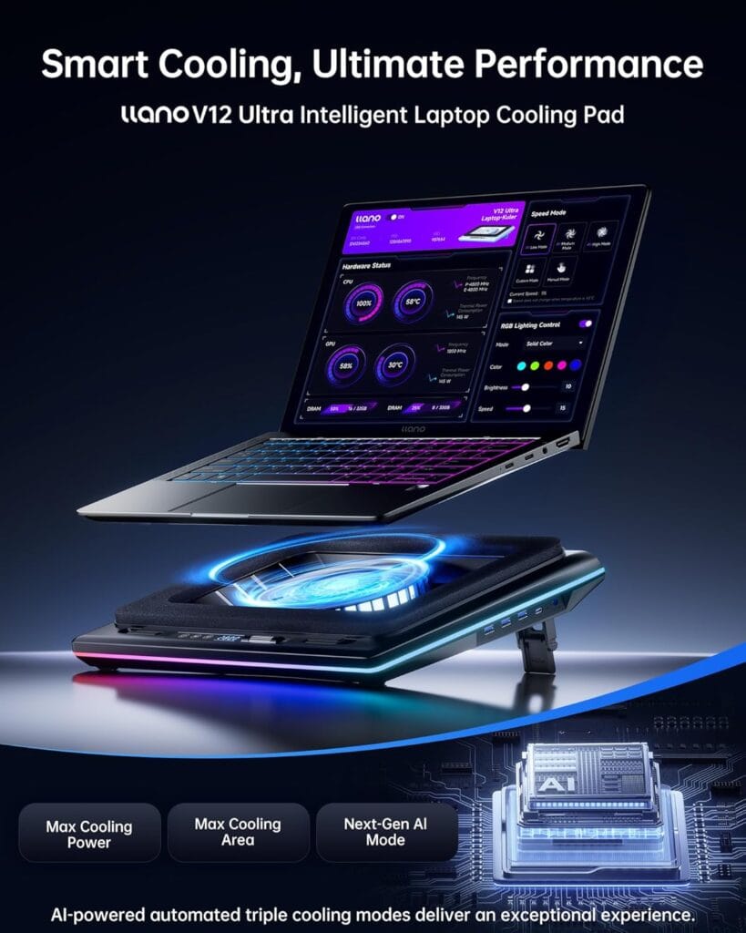llano V12 Ultra Laptop Cooling Pad with RGB gaming setup