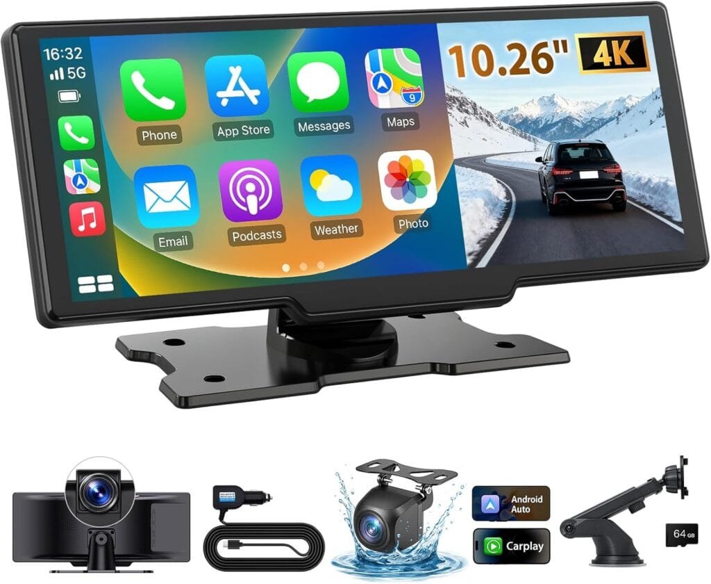 10.26 Wireless CarPlay Screen Review showing portable touchscreen display with CarPlay and Android Auto features