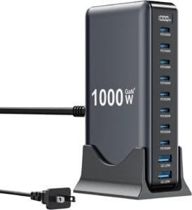 1000W USB C Charger Block on a desk charging multiple devices