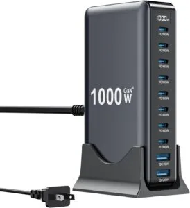 1000W USB C Charger Block on a desk charging multiple devices