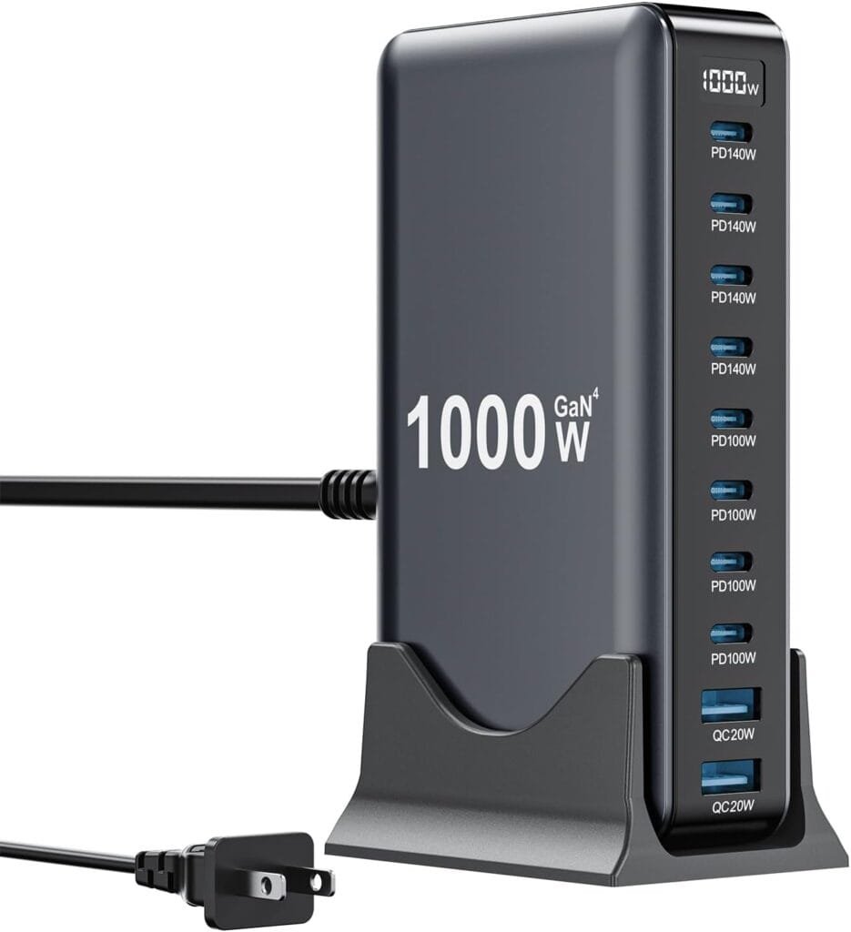 1000W USB C Charger Block on a desk charging multiple devices