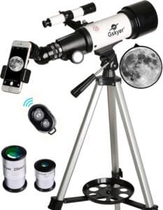 Gskyer Telescope Review showing the 70mm refracting telescope with accessories