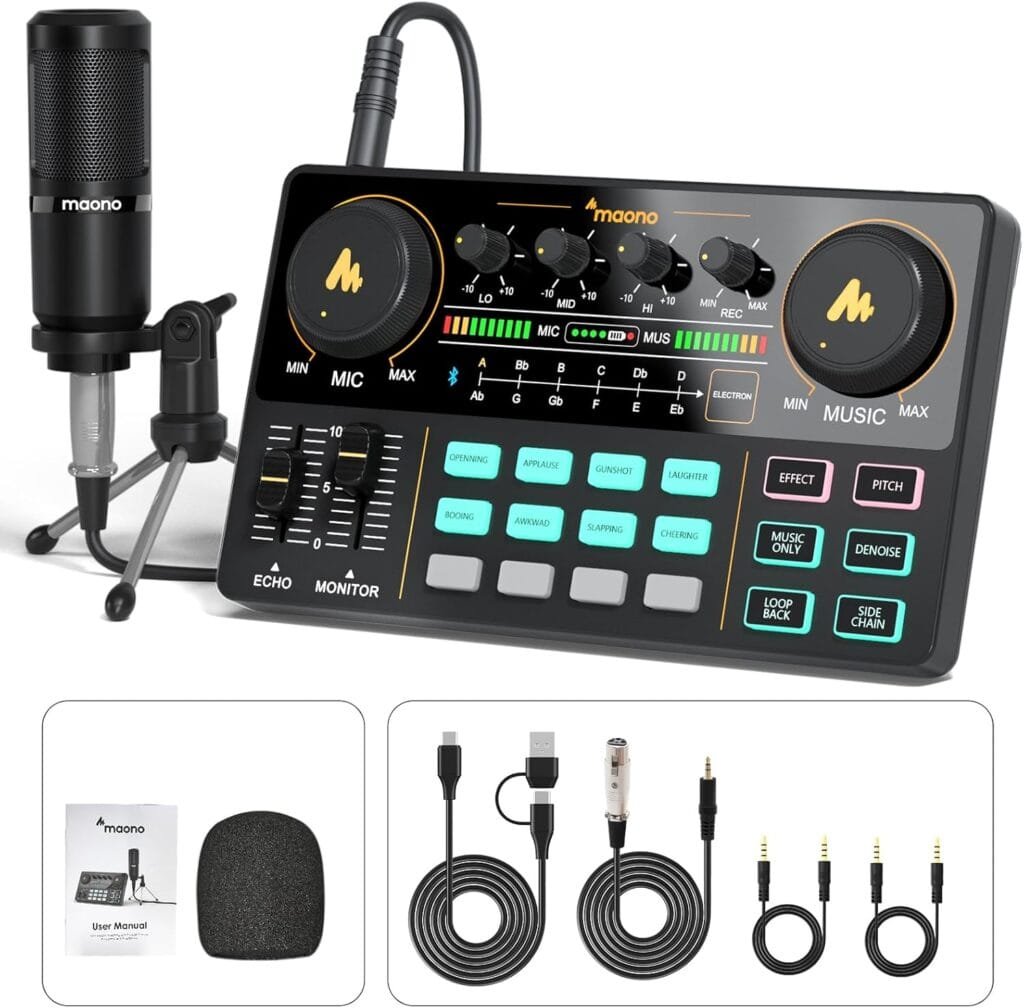 MAONO Podcast Equipment Bundle Review featuring the MaonoCaster Lite audio mixer and microphone.