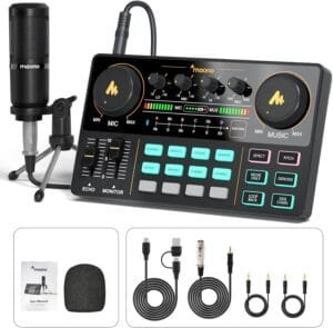 MAONO Podcast Equipment Bundle Review featuring the MaonoCaster Lite audio mixer and microphone.