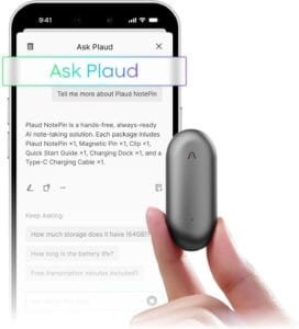 Plaud NotePin Voice Recorder Review showing the AI voice recorder for meetings and lectures.